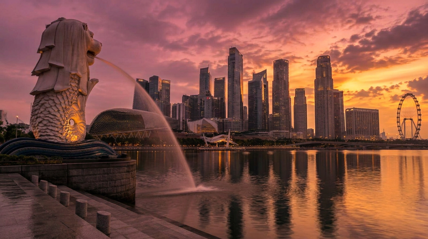 Singapore Marina Bay skyline with the Merlion at sunrise